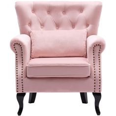 a pink chair with studding on the arm and back, against a white background