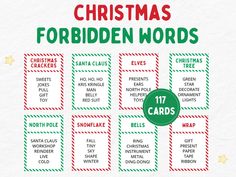 the christmas forbidden words game is shown in green and red