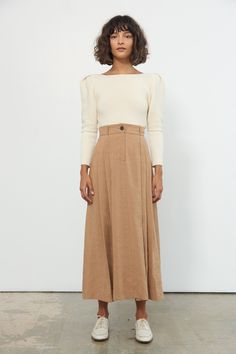 tulay pleated midi skirt in khaki, front zipper with button closure, belt loops, side pockets. 63% tencel lyocell 37% linen dry clean only Diy Midi Skirt, Pleated Midi Skirt Outfit, Minimal Stil, Rok Midi, Minimalist Moda, Midi Skirt Pattern, Fashion Skirts, Casual Skirt Outfits, Casual Skirt