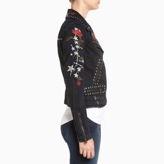 This True Religion Women's Embroidered Denim Moto Jacket adds a touch of edgy elegance to any outfit. The intricate embroidery detailing adds a unique and stylish twist to this classic denim jacket. Made with high-quality materials, this jacket is both durable and fashionable, making it a must-have for any wardrobe. Elevate your style with the Women's Embroidered Denim Moto Jacket. More Details Asymmetrical front-zip closure Notched collar Long sleeves with zip cuffs Four front-zip pockets Four Cotton Long Sleeve Biker Jacket For Spring, Edgy Long Sleeve Denim Jacket For Spring, Trendy Cotton Biker Jacket For Spring, Edgy Cotton Denim Jacket For Spring, Long Sleeve Embellished Denim Jacket For Fall, Embellished Long Sleeve Denim Jacket For Fall, Denim Biker Jacket For Fall, Embellished Long Sleeve Biker Jacket For Fall, Spring Biker Denim Jacket In Cotton