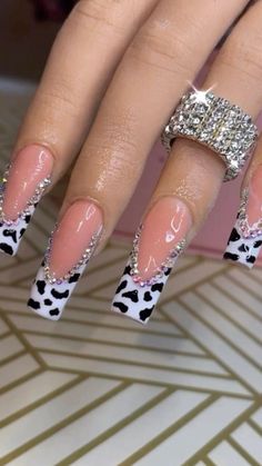 Best Acrylic Nails Designs Square, Nail Ideas Acrylic Cow Print, Cow Print Nails With Rhinestones, Edgy Square Nails, Cute Cow Print Nails Acrylic, Acrylic Cow Nails, Cow Print Nails Acrylic Long, Cow Printed Nails, Nail Ideas Tapered Square