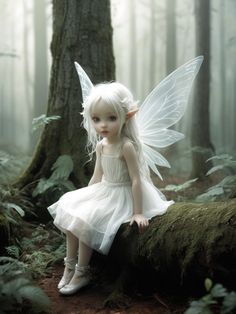 a little fairy sitting on a log in the woods