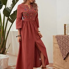 Women Dress Floral Embroidery Dresses For Fall Vacation, Floral Embroidery Dress For Fall Vacation, Fall Vacation Dress With Floral Embroidery, Shift Midi Dress For Brunch, Shift Maxi Dress For Fall, Brown Bohemian V-neck Maxi Dress, Women Dress, Full Service, Fast Delivery