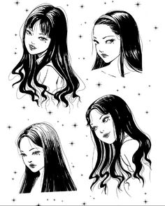 four girls with long hair and stars in the background, one is black and white