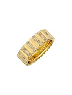 It's beautiful when worn on it's own and even bolder when breaking up a stack of diamonds. If you do plan on stacking this ring, we suggest going up half a size since this a wider band. Rib Ring, Wide Bands, Jewelry Branding, Diamond Ring, Yellow Gold, White Gold, Band