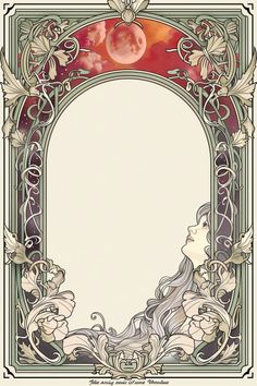 an art nouveau style frame with flowers and leaves on the border, as well as a full moon in the background