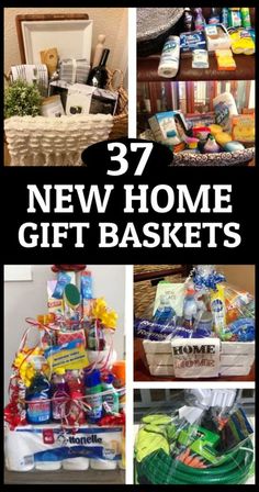 some baskets filled with items and the words 37 new home gift baskets