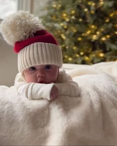 a baby wrapped in a blanket with a christmas tree behind it