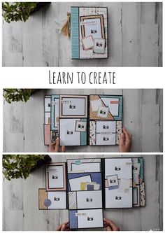 two photos showing how to make a scrapbook with the title learn to create on it