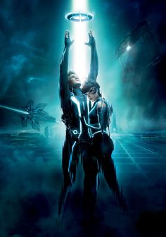 two sci - fi characters are standing in front of a bright light with their hands up