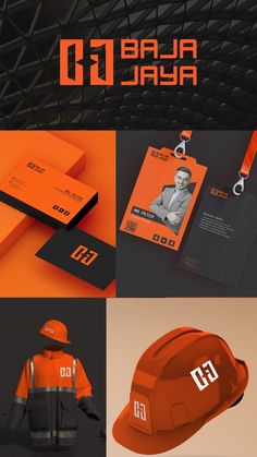 an orange and black business card with a hard hat on the front, two men's hats in the background