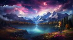 a painting of mountains, trees and water at night