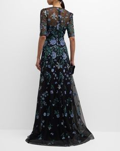 Rickie Freeman for Teri Jon Embroidered A-Line Tulle Gown | Neiman Marcus Teri Jon, Mob Dresses, Butterfly Embroidery, Embroidered Tulle, Tulle Gown, Jewel Neckline, Elbow Sleeve, Luxury Fabrics, Neiman Marcus