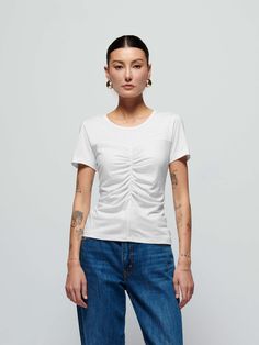 The classic crewneck tee you live in looks a little more chic now. Might be that effortlessly feminine front shirring. If we had to guess. (This one comes in White.) | Women's Alina Tee Top in White | Ethical Essentials Top Tee, Crew Neck, White