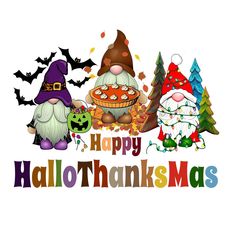 an image of happy halloween greetings with gnomes and pumpkins on white background