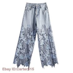 Women Hollow Lace Patchwork Wide Leg High Waist Blue Jeans Summer Fashion Pants   Colors:Blue Size:S-3XL Material:Denim    Note As different computers display colors differently, the color of the actual item may vary slightly from the above images.We can not guarantee 100% the customers can fit because of the individual size.We appreciate your understanding Dear customer, welcome to my store, if you have any questions during the shopping process, please feel free to contact us, we will reply wit Cool Pants, Denim Decor, Lace Splicing, Summer Jeans, Pants Loose, Straight Trousers, Pantalon Large, Casual Trousers, Lace Panelled