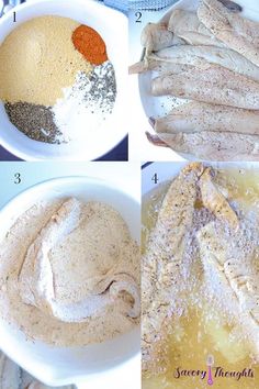 four pictures showing how to make chicken wings with spices and seasoning in bowls on a table