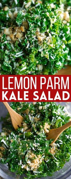 kale salad with lemon dressing topped with parmesan cheese and toasted breadcrumb croutons Parmesan Kale Salad, Garden Recipes, Kale Salad, Healthy Salad Recipes, Healthy Salads, Delicious Salads, Soup And Salad