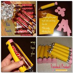 four pictures showing different ways to make candy bars with chocolate wrappers and glue on them