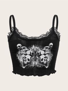 Gothic Tops Women, Emo Polyvore, Emo Tops, Goth Crop Top, Goth Tops, Grunge Tops, Lace Trim Cami Top, Alt Clothes, Gothic Shirts