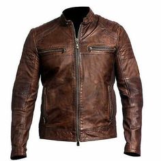 Rugged Leather Jacket With Zipper Closure, Rugged Leather Jacket With Long Sleeves For Spring, Distressed Brown Moto Leather Jacket For Fall, Rugged Long Sleeve Biker Jacket, Vintage Brown Biker Jacket For Fall Events, Distressed Brown Biker Leather Jacket For Fall, Winter Brown Distressed Biker Jacket, Fitted Distressed Brown Biker Jacket, Casual Style, Cafe Racer Biker Jacket With Long Sleeves For Fall