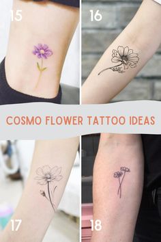 four different flower tattoo designs on the side of their arms and legs, with text overlay