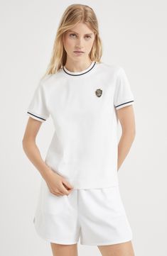 The comfortable-looking cotton interlock fabric is characterized by a soft and compact hand. Crew-neck Heraldic Crest, Blazer And T Shirt, Tuxedo Shirts, Mens Eyewear, Eyewear Womens, Boutique Online, White Shirts, Brunello Cucinelli, Knitwear Women