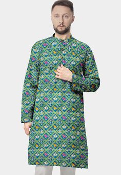 Readymade Art Silk Straight Kurta in Sea Green. This Chinese Collar and Full Sleeves is Enhanced with Patola Printed With Animal Motif Enhanced With Buttons And Side Pockets. Do note: Bottom and Footwear shown in the image is for presentation purposes only. Half to one inch may vary in measurement. (Slight variation in actual color vs. image is possible) We sell all kinds of menswear. Mens Kurta | Mens Kurta Pajama | Mens Sherwani | Mens Sherwani Sets | Traditional Menswear | Partywear Menswear Multicolor Straight Kurta With Motifs, Long Sleeve Kurta With Digital Print For Festivals, Casual Green Cotton Patterns, Fitted Multicolor Kurta With Kalamkari Print, Patterned Printed Sets For Festivals, Festive Green Kurta With Kalamkari Print, Long Sleeve Digital Print Kurta For Festivals, Festive Green Kalamkari Kurta, Cotton Multicolor Kurta With Motifs