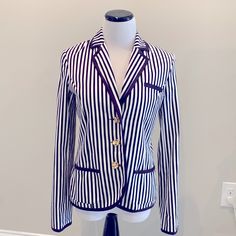 New With Tags Size 6 Anthropologie “Hi There From Karen Walker” Navy And White Striped Blazer 100% Cotton With Polyester Lining Preppy Cotton Outerwear For Spring, Preppy Long Sleeve Spring Blazer, Preppy White Fitted Outerwear, White Fitted Preppy Outerwear, Preppy Spring Outerwear For Workwear, Preppy Spring Workwear Outerwear, Preppy Spring Outerwear For Work, Preppy Cotton Outerwear For Work, Preppy Fitted Spring Blazer