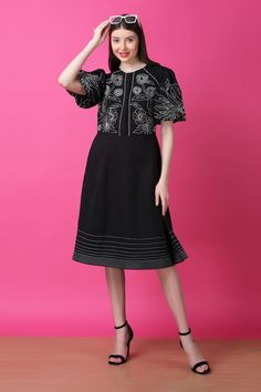 Black A-line dress with floral thread embroidery. - Aza Fashions Elegant Fitted Midi Dress With Embroidered Hem, Elegant Embroidered Hem Midi Dress, Black Embroidered Midi Dress For Spring, Elegant Black Embroidered Dress For Spring, Black Midi Dress With Floral Embroidery For Spring, Black Dress With Intricate Embroidery For Spring, Elegant Embroidered Dress With Embroidered Sleeves For Summer, Elegant Floral Embroidered A-line Dress, Elegant Midi-length Embroidered Dress