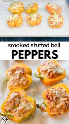 baked stuffed bell peppers with cheese on top and in the background, there is an image of