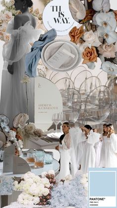 a collage of women in white dresses and flowers