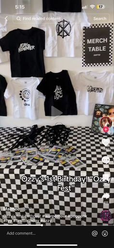 t - shirts are displayed on a table with black and white checkered cloths