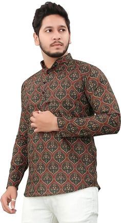 Kurta Short, Traditional Kurta, Kurta Men, Short Kurta, Short Shirt, Kurta Designs, Short Shirts, Printed Shorts, Casual Button Down Shirt