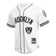 The Pro Standard Premium NBA Brooklyn Nets Logo Men's Mesh Button Up Jersey (White) White Varsity Basketball Jersey, White Baseball Collar Top For Streetwear, White Baseball Jersey With Team Logo For Streetwear, White Jersey With Team Logo For Streetwear, White Varsity Baseball Jersey For Streetwear, White Baseball Collar Jersey For Streetwear, Brooklyn Nets Logo, Mesh Button Up, Tampa Bay Rays