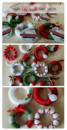 christmas wreaths and ornaments made from yarn are shown in three different ways, including one with