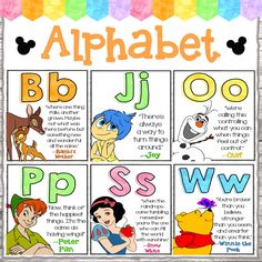 an alphabet poster with pictures of the characters in each letter, and their corresponding letters