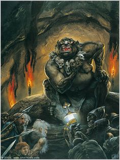 a painting of a troll holding a lantern in front of other monsters and fire flames