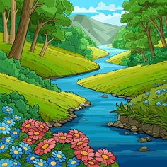 a river flowing through a lush green forest filled with lots of wildflowers on a sunny day