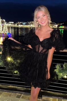 Sweetheart Black Short Dress with Puff Sleeves Lavender Short Dress, Sheer Corset, Short Formal Dress, Winter Formal Dresses, Dress With Puff Sleeves, Junior Prom Dresses, Short Party Dress, Corset Bodice, Formal Dresses Short