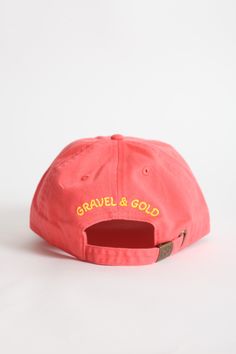 100% Cotton Baseball Cap, made in China One size Embroidered in San Francisco. Original design by Gravel & Gold Pink Six-panel Cotton Hat, Spring Six-panel Baseball Cap With Embroidered Logo, Pink Dad Hat With Embroidered Logo, Pink Cotton Six-panel Hat, Pink Dad Hat With Embroidered Logo, One Size, Trendy Six-panel Hat With Embroidered Logo, Embroidered Logo Dad Hat With Flat Bill, Dad Hat With Embroidered Logo And Flat Bill, Pink Baseball Cap With Embroidered Logo, One Size