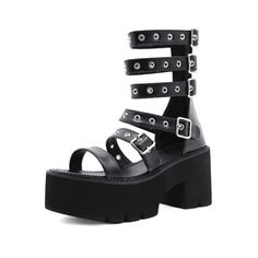 Add a touch of edgy sophistication to your look with our Black Gothic Punk Strappy Platform Sandals. Featuring a chunky platform sole for added height, adjustable buckle closures for a secure fit, and a back zipper closure for easy wear, these sandals combine style and functionality. Made from high-quality black vegan leather, they are perfect for complementing any gothic, punk, rock, or alternative outfit. Step out in style and make a statement with these unique and versatile sandals. Chunky platform sole for added height and style Adjustable buckle closures for a secure fit Back zipper closure for easy on and off Made from high-quality black vegan leather Perfect for gothic, punk, rock, and alternative fashion Spring Punk Sandals With Buckle Closure, Trendy Round Toe Sandals For Concert, Punk Sandals With Buckle Closure For Party, Punk Style Sandals For Summer Concerts, Punk Style Open Toe Synthetic Sandals, Punk Style Chunky Platform Open Toe Sandals, Punk Chunky Platform Open Toe Sandals, Punk Style Sandals With Round Toe For Concerts, Punk Sandals With Buckle Closure And Round Toe