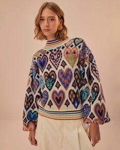 Cream Hearts Ikat Knit Sweater Knitwear Trends, Knitwear Inspiration, Cream Knit Sweater, Graphic Sweaters, Your Best Self, Embroidered Sweater, Farm Rio, Mock Neck Sweater