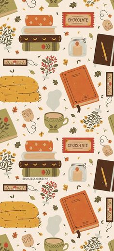 a pattern with books and coffee mugs on it's sides, including an autumn theme