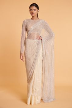 Ivory saree in crystal mesh and tencel georgette base. Comes with a blouse. - Aza Fashions Mesh Blouse, High Neck Blouse, Aza Fashion, High Neck, Saree, Crystals