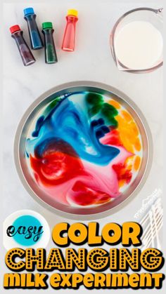 an image of colorful painting on a plate with the words easy color changing milk experiment