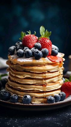 a stack of pancakes topped with blueberries and strawberries on top of each other