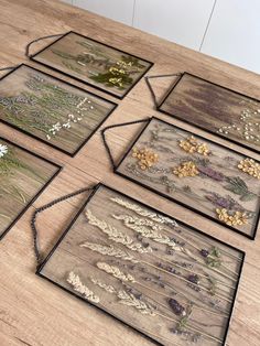 four frames with pressed flowers on them sitting on a table