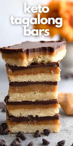 chocolate and caramel keto tagalong bars stacked on top of each other