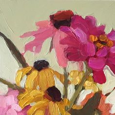 a painting of pink and yellow flowers in a vase